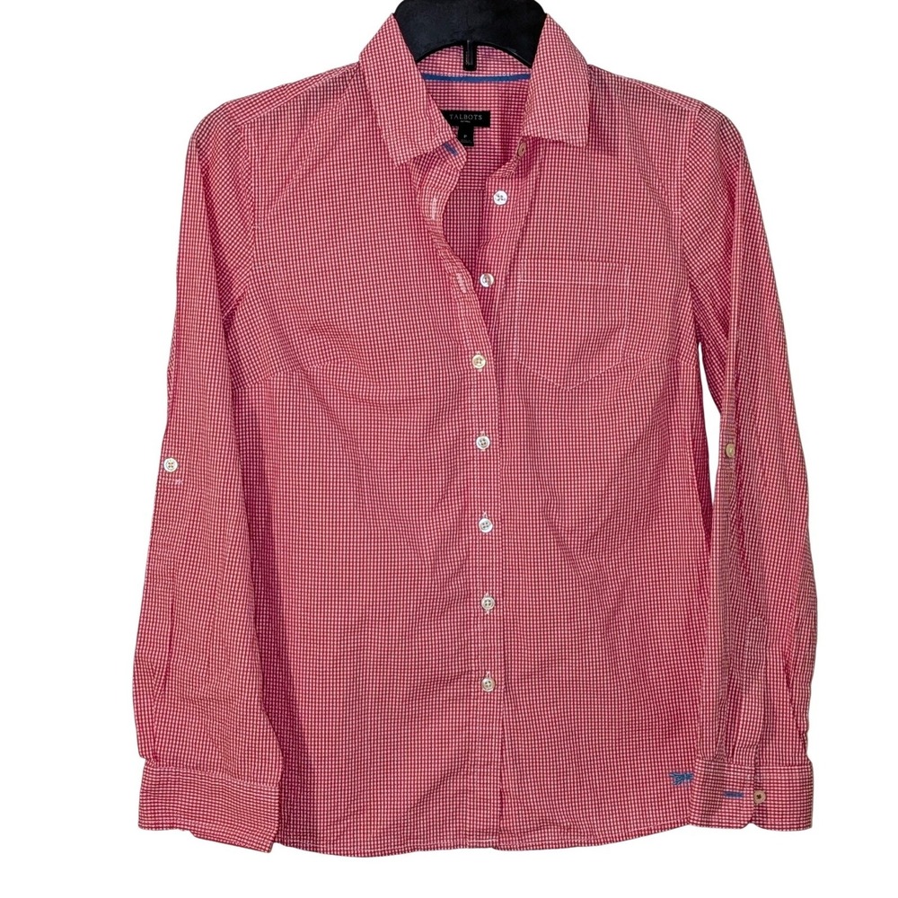 Talbots Petites Red Gingham Button Down Shirt Lon… - image 1
